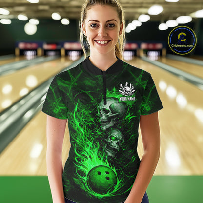 Green Flaming Skull Bowling Shirts For Women Custom Fire Bowling Team Jersey Polo & Quarter Zip TDM5618