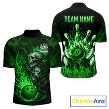 Load image into Gallery viewer, Green Flaming Skull Bowling Shirts For Men Custom Fire Bowling Team Jersey Polo &amp; Quarter Zip TDM5618