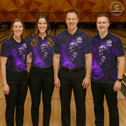 Purple Flaming Skull Bowling Shirts For Men Custom Fire Bowling Team Jersey Polo & Quarter Zip TDM5619