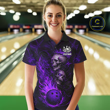 Load image into Gallery viewer, Purple Flaming Skull Bowling Shirts For Women Custom Fire Bowling Team Jersey Polo &amp; Quarter Zip TDM5619