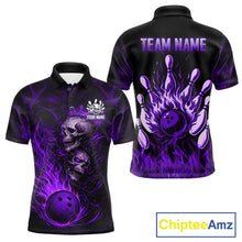 Load image into Gallery viewer, Purple Flaming Skull Bowling Shirts For Men Custom Fire Bowling Team Jersey Polo &amp; Quarter Zip TDM5619