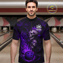 Load image into Gallery viewer, Purple Flaming Skull Bowling Shirts For Men Custom Fire Bowling Team Jersey Polo &amp; Quarter Zip TDM5619