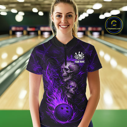 Purple Flaming Skull Bowling Shirts For Women Custom Fire Bowling Team Jersey Polo & Quarter Zip TDM5619