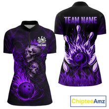 Load image into Gallery viewer, Purple Flaming Skull Bowling Shirts For Women Custom Fire Bowling Team Jersey Polo &amp; Quarter Zip TDM5619