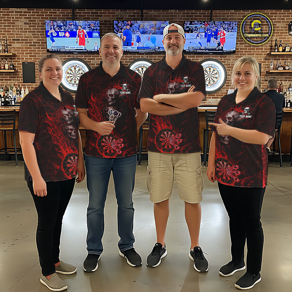 Red Flaming Skull Darts Polo & Quarter Zip Custom Fire Darts Shirt For Women, Darts Team Jersey TDM5620