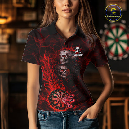 Red Flaming Skull Darts Polo & Quarter Zip Custom Fire Darts Shirt For Women, Darts Team Jersey TDM5620