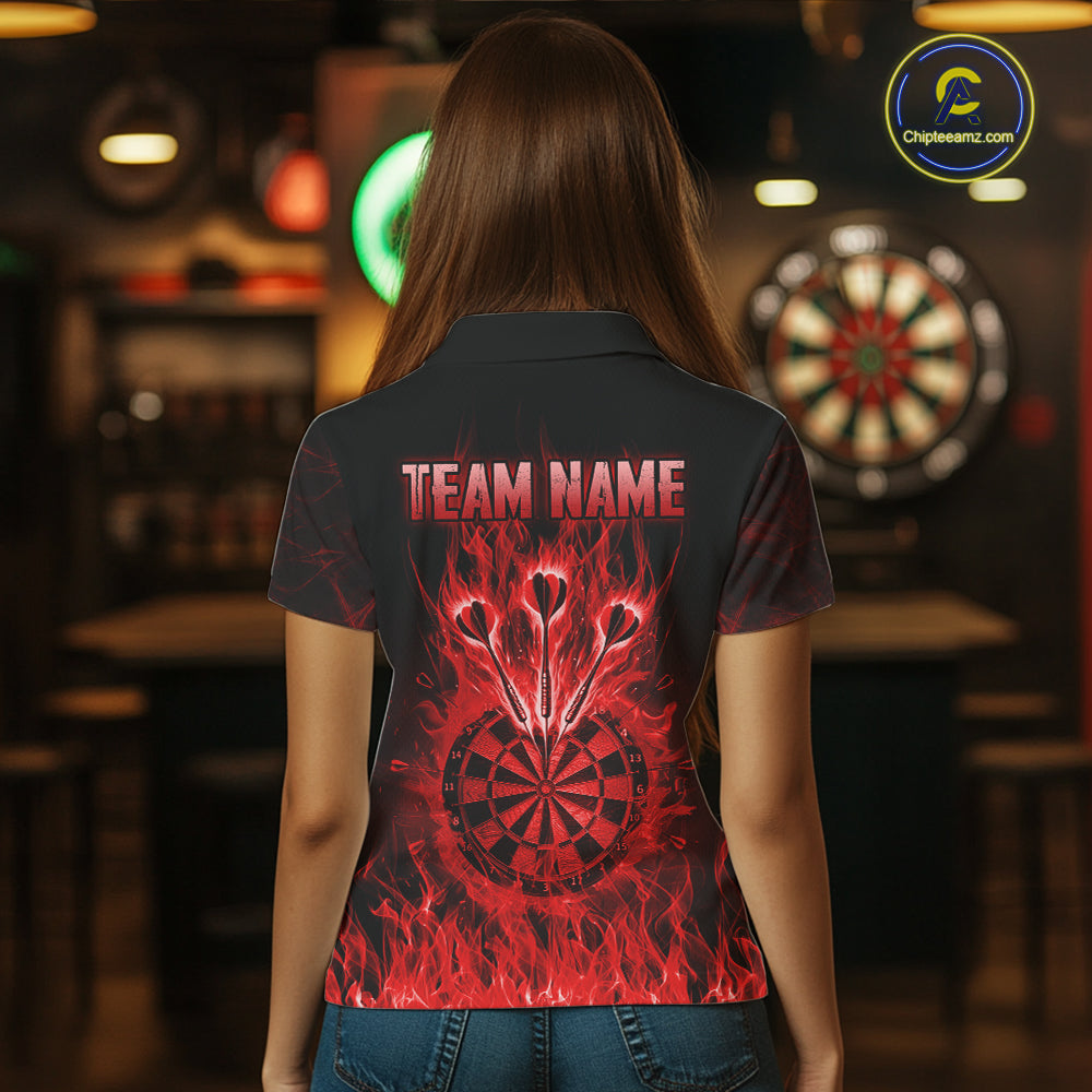Red Flaming Skull Darts Polo & Quarter Zip Custom Fire Darts Shirt For Women, Darts Team Jersey TDM5620