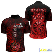 Load image into Gallery viewer, Red Flaming Skull Darts Polo &amp; Quarter Zip Custom Fire Darts Shirt For Men, Darts Team Jersey TDM5620