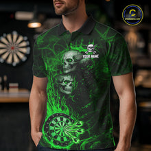 Load image into Gallery viewer, Green Flaming Skull Darts Polo &amp; Quarter Zip Custom Fire Darts Shirt For Men, Darts Team Jersey TDM5621