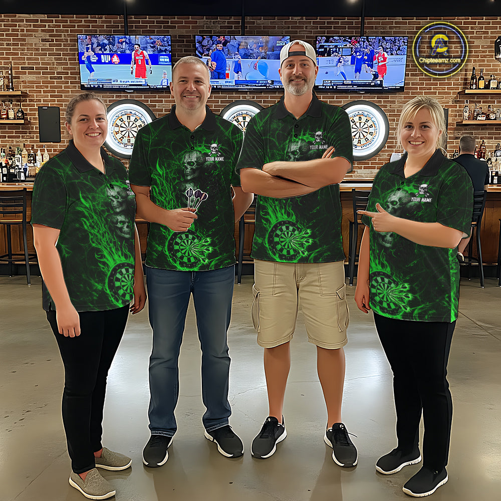 Green Flaming Skull Darts Polo & Quarter Zip Custom Fire Darts Shirt For Women, Darts Team Jersey TDM5621