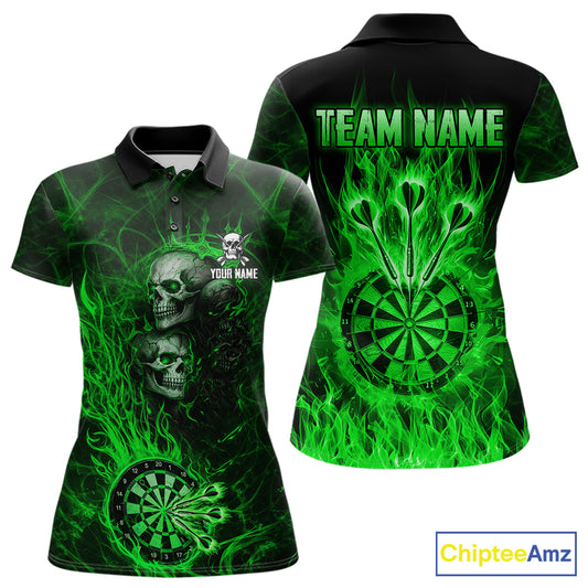 Green Flaming Skull Darts Polo & Quarter Zip Custom Fire Darts Shirt For Women, Darts Team Jersey TDM5621