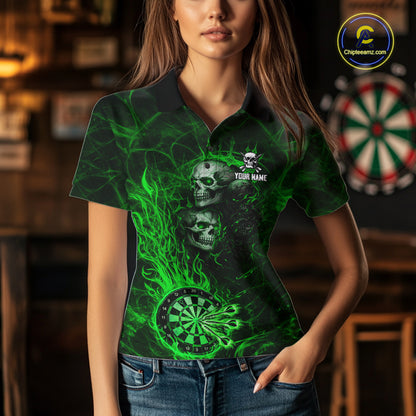 Green Flaming Skull Darts Polo & Quarter Zip Custom Fire Darts Shirt For Women, Darts Team Jersey TDM5621