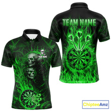 Load image into Gallery viewer, Green Flaming Skull Darts Polo &amp; Quarter Zip Custom Fire Darts Shirt For Men, Darts Team Jersey TDM5621