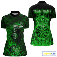 Load image into Gallery viewer, Green Flaming Skull Darts Polo &amp; Quarter Zip Custom Fire Darts Shirt For Women, Darts Team Jersey TDM5621