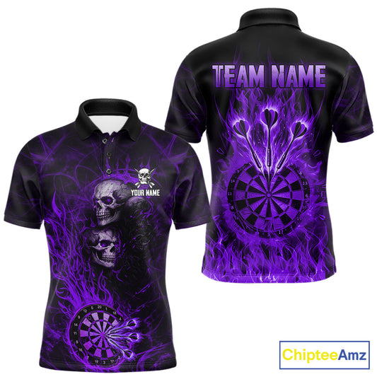 Purple Flaming Skull Darts Polo & Quarter Zip Custom Fire Darts Shirt For Men, Darts Team Jersey TDM5622
