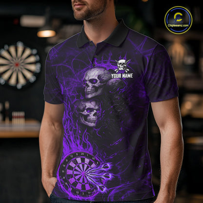 Purple Flaming Skull Darts Polo & Quarter Zip Custom Fire Darts Shirt For Men, Darts Team Jersey TDM5622