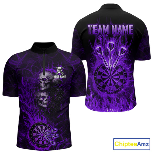 Purple Flaming Skull Darts Polo & Quarter Zip Custom Fire Darts Shirt For Men, Darts Team Jersey TDM5622