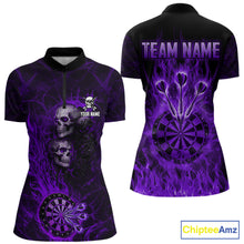 Load image into Gallery viewer, Purple Flaming Skull Darts Polo &amp; Quarter Zip Custom Fire Darts Shirt For Women, Darts Team Jersey TDM5622