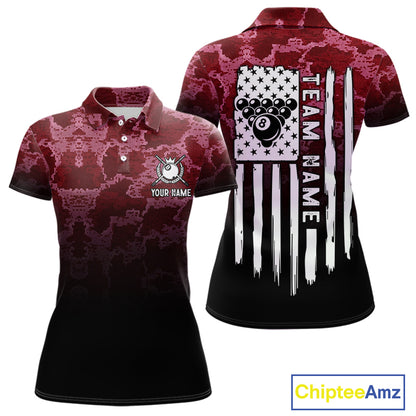 Black And Red Camo US Flag 8 Ball Billiard Shirt For Women Custom Pool Team Jersey Polo & 1/4 Zip TDM5994