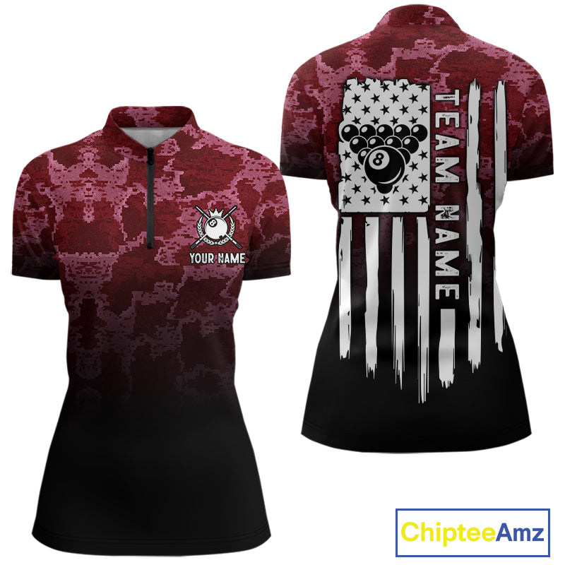 Black And Red Camo US Flag 8 Ball Billiard Shirt For Women Custom Pool Team Jersey Polo & 1/4 Zip TDM5994