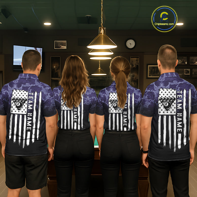 Black And Purple Camo US Flag 8 Ball Billiard Shirt For Men Custom Pool Team Jersey Polo & 1/4 Zip TDM5995