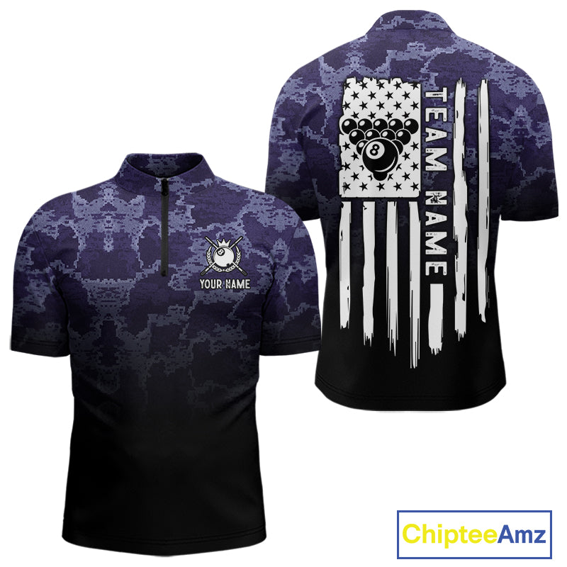 Black And Purple Camo US Flag 8 Ball Billiard Shirt For Men Custom Pool Team Jersey Polo & 1/4 Zip TDM5995