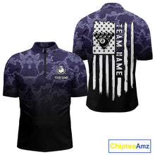 Load image into Gallery viewer, Black And Purple Camo US Flag 8 Ball Billiard Shirt For Men Custom Pool Team Jersey Polo &amp; 1/4 Zip TDM5995