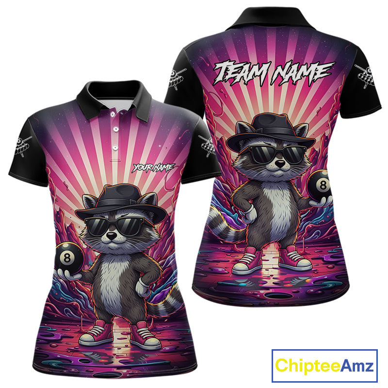 Funny Raccoon 8 Ball Billiard Shirt For Women Custom Pink Graffiti Pool Jersey Team Polo & 1/4 Zip TDM5998