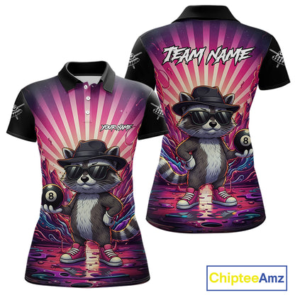 Funny Raccoon 8 Ball Billiard Shirt For Women Custom Pink Graffiti Pool Jersey Team Polo & 1/4 Zip TDM5998