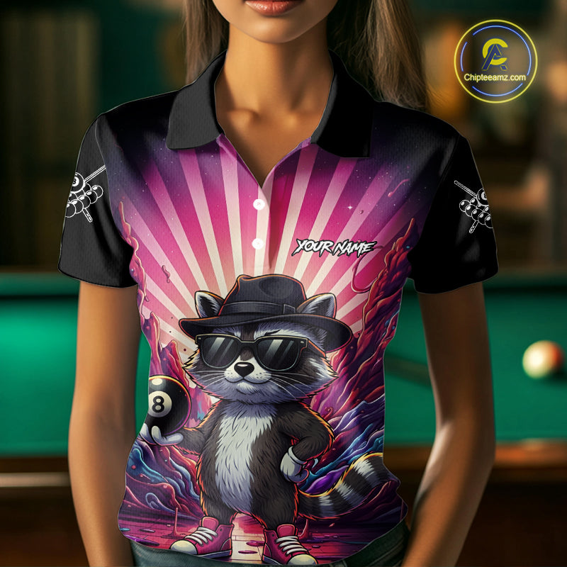 Funny Raccoon 8 Ball Billiard Shirt For Women Custom Pink Graffiti Pool Jersey Team Polo & 1/4 Zip TDM5998