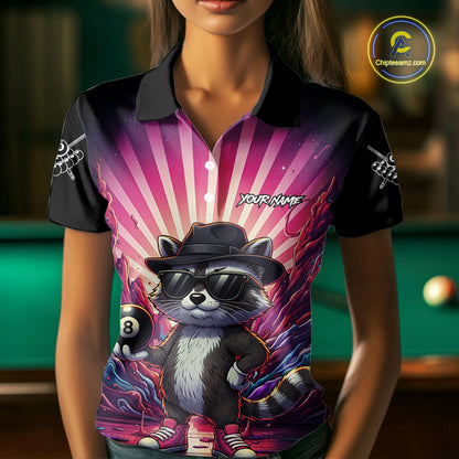 Funny Raccoon 8 Ball Billiard Shirt For Women Custom Pink Graffiti Pool Jersey Team Polo & 1/4 Zip TDM5998