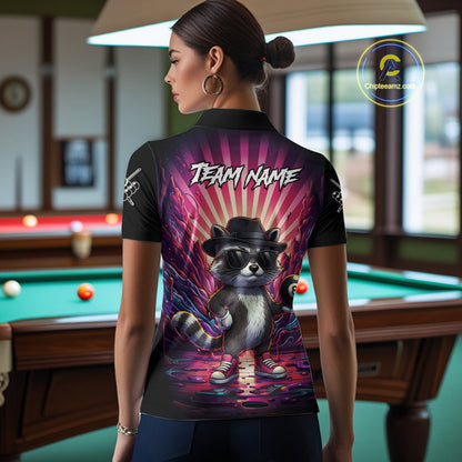 Funny Raccoon 8 Ball Billiard Shirt For Women Custom Pink Graffiti Pool Jersey Team Polo & 1/4 Zip TDM5998
