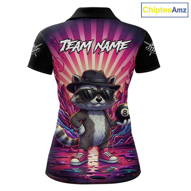 Funny Raccoon 8 Ball Billiard Shirt For Women Custom Pink Graffiti Pool Jersey Team Polo & 1/4 Zip TDM5998