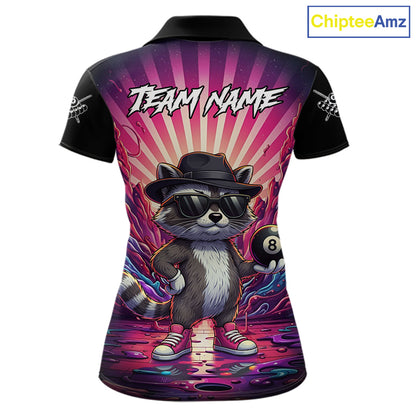 Funny Raccoon 8 Ball Billiard Shirt For Women Custom Pink Graffiti Pool Jersey Team Polo & 1/4 Zip TDM5998