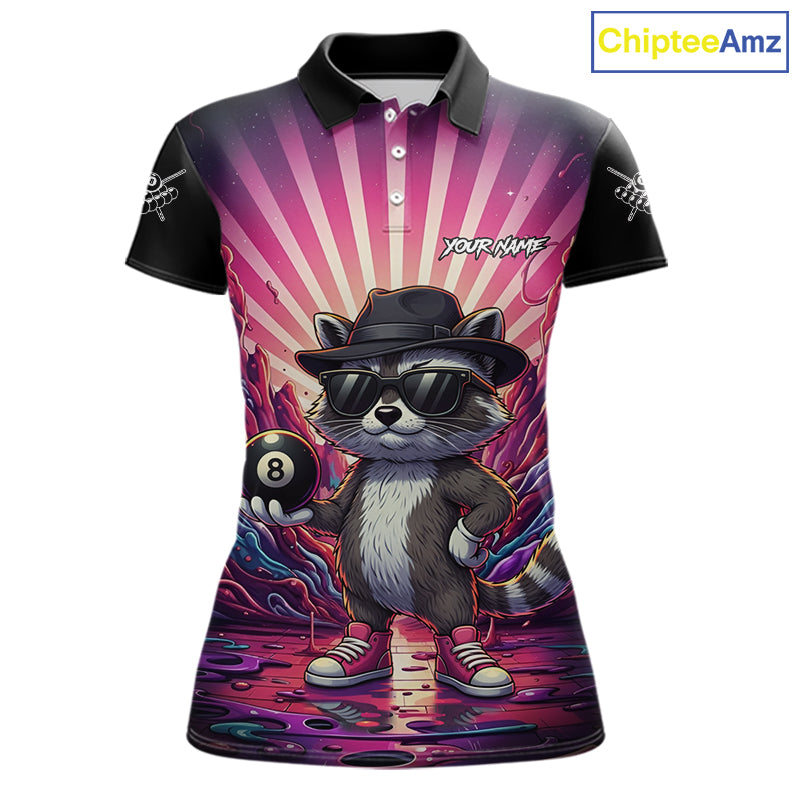 Funny Raccoon 8 Ball Billiard Shirt For Women Custom Pink Graffiti Pool Jersey Team Polo & 1/4 Zip TDM5998