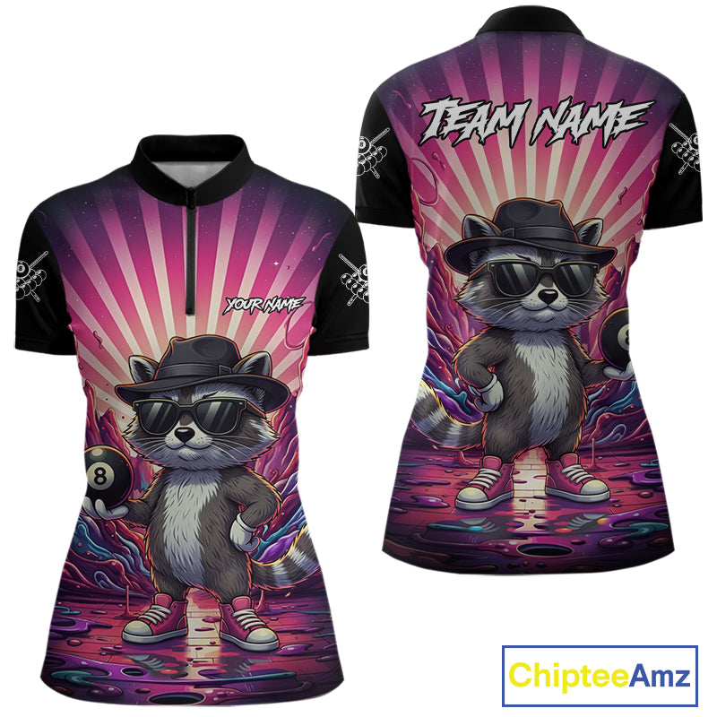 Funny Raccoon 8 Ball Billiard Shirt For Women Custom Pink Graffiti Pool Jersey Team Polo & 1/4 Zip TDM5998