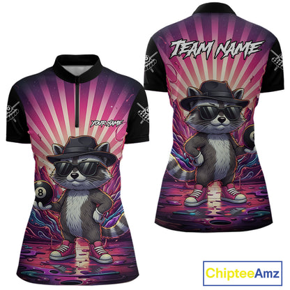 Funny Raccoon 8 Ball Billiard Shirt For Women Custom Pink Graffiti Pool Jersey Team Polo & 1/4 Zip TDM5998