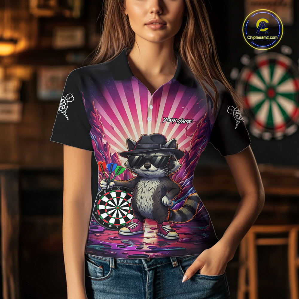 Pink Funny Raccoon Neon Graffiti Darts Shirt For Women Custom Darts Jersey Team Polo & 1/4 Zip TDM6000