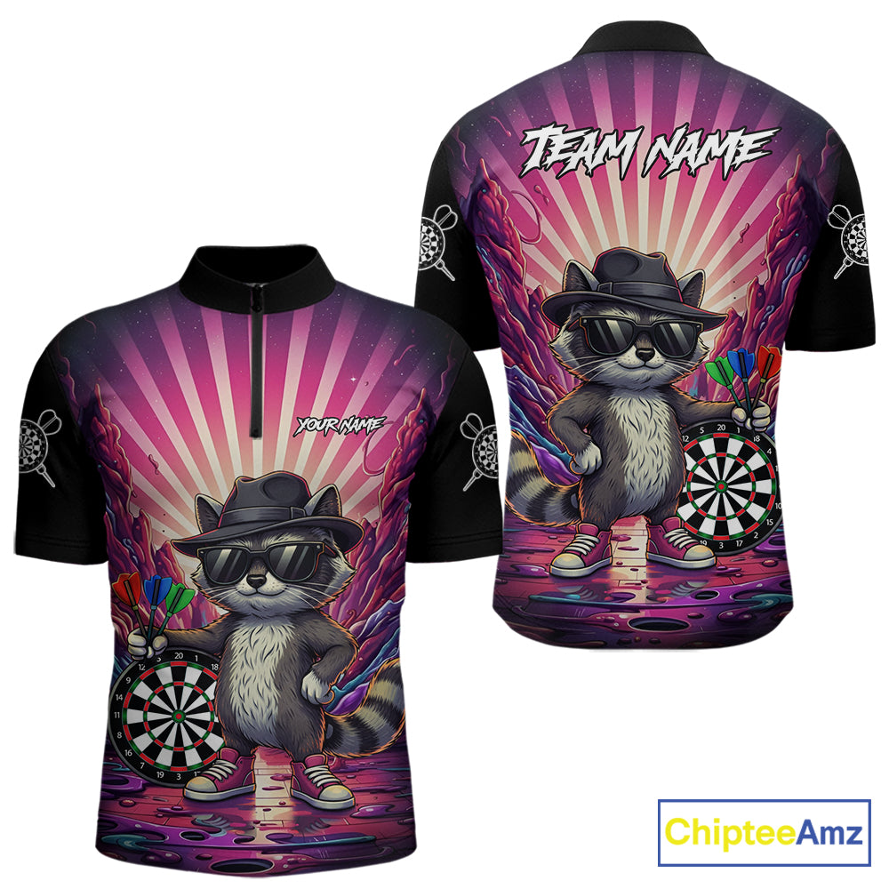 Pink Funny Raccoon Neon Graffiti Darts Shirt For Men Custom Darts Jersey Team Polo & 1/4 Zip TDM6000
