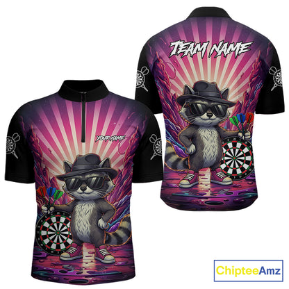 Pink Funny Raccoon Neon Graffiti Darts Shirt For Men Custom Darts Jersey Team Polo & 1/4 Zip TDM6000