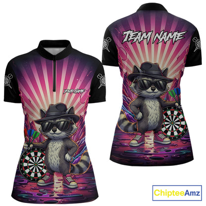 Pink Funny Raccoon Neon Graffiti Darts Shirt For Women Custom Darts Jersey Team Polo & 1/4 Zip TDM6000