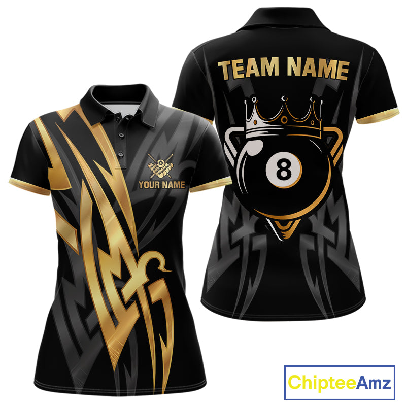 Black And Gold 8 Ball Crown Billiard Shirts For Women Custom Tribal Pool Team Jersey Polo & 1/4 Zip TDM6229