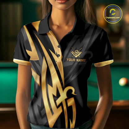 Black And Gold 8 Ball Crown Billiard Shirts For Women Custom Tribal Pool Team Jersey Polo & 1/4 Zip TDM6229