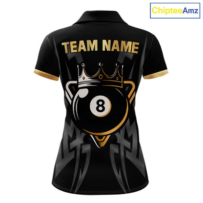 Black And Gold 8 Ball Crown Billiard Shirts For Women Custom Tribal Pool Team Jersey Polo & 1/4 Zip TDM6229