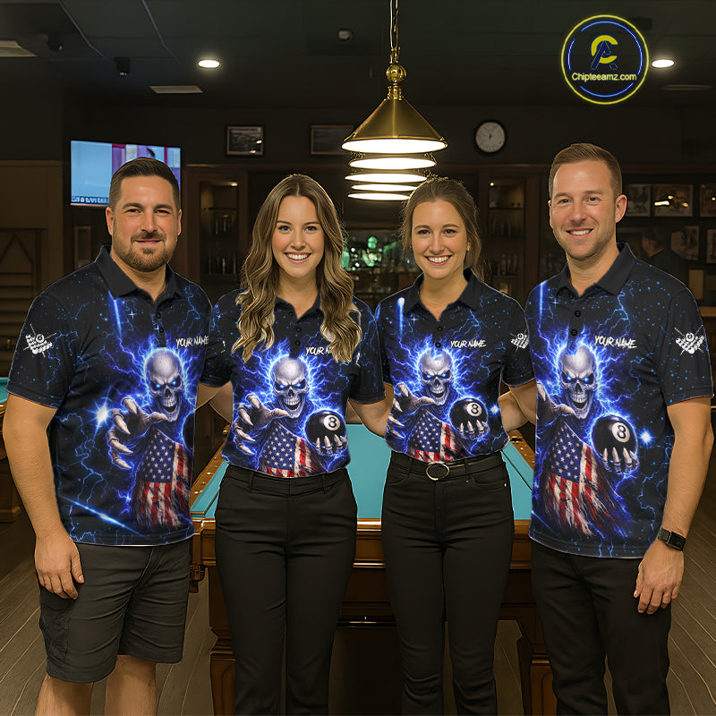 Blue Lightning 8 Ball US Flag Skull Billiard Shirt For Women Custom Pool Team Jersey Polo & 1/4 Zip TDM6230