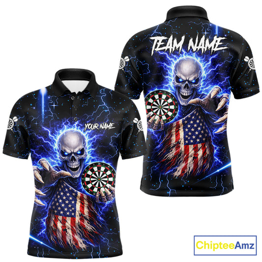 Blue Lightning US Flag Skull Darts Shirt For Men Custom Darts Jersey Team Polo & Quarter Zip TDM6231