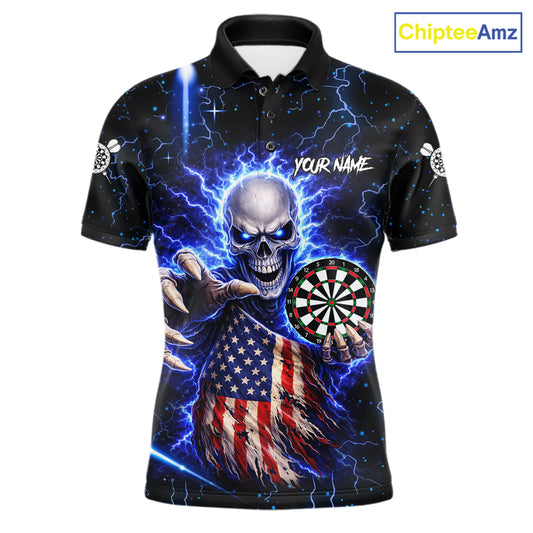 Blue Lightning US Flag Skull Darts Shirt For Men Custom Darts Jersey Team Polo & Quarter Zip TDM6231