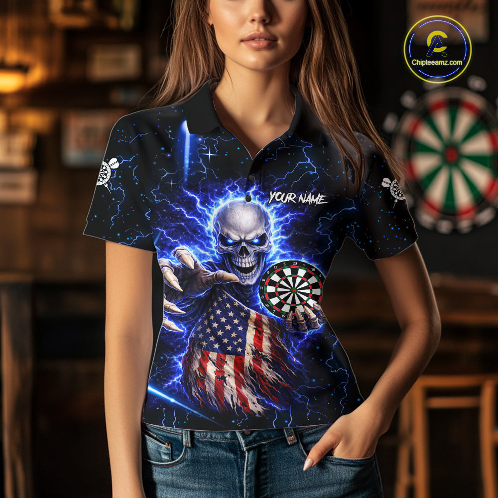 Blue Lightning US Flag Skull Darts Shirt For Women Custom Darts Jersey Team Polo & Quarter Zip TDM6231