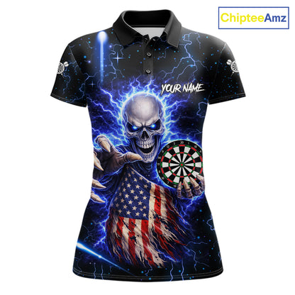 Blue Lightning US Flag Skull Darts Shirt For Women Custom Darts Jersey Team Polo & Quarter Zip TDM6231