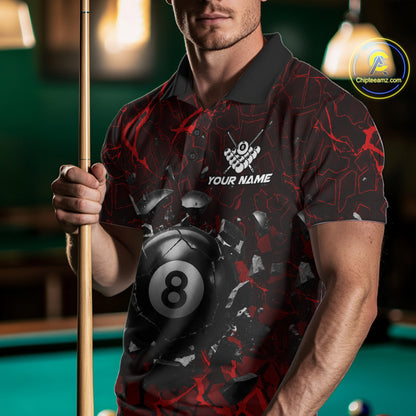 Man wearing a red crack 8 ball billiard jersey beside a pool table front view.
